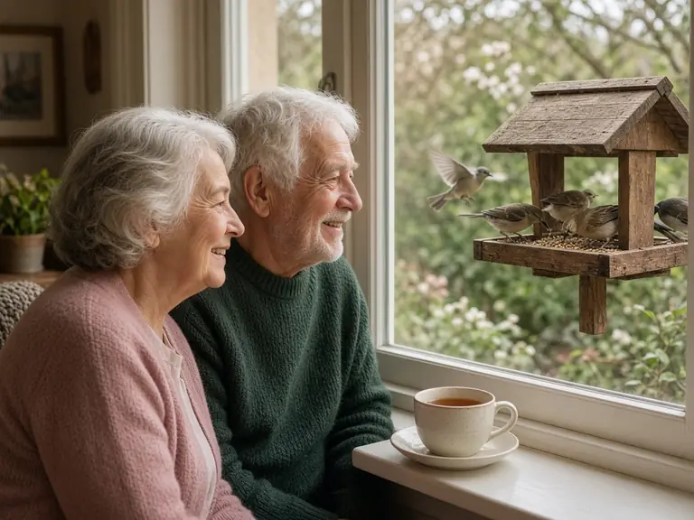 An older couple smiling as they watch birds at a garden feeder through the window