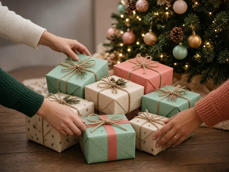 A pile of wrapped holiday gifts in kraft paper and ribbon