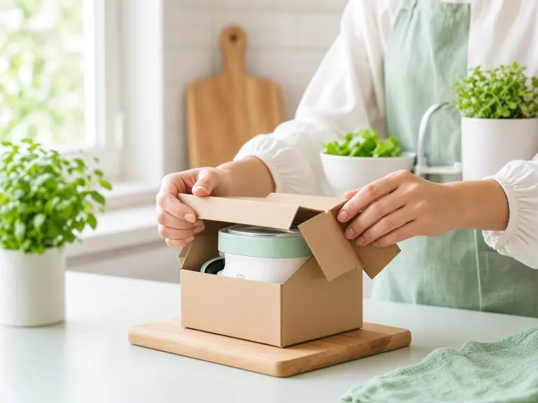 Hands opening a small kraft-paper box on a bright mint kitchen counter