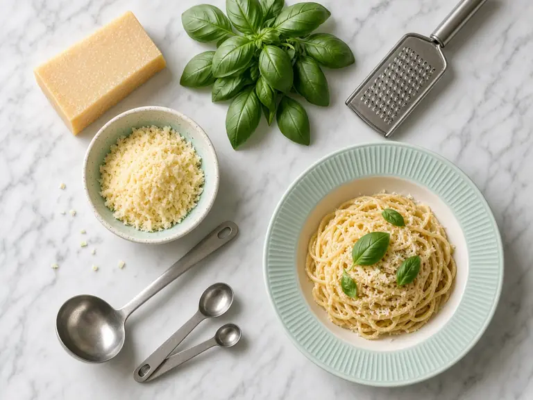 A wedge of parmesan and a bowl of pasta on a light wooden table